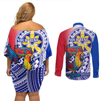 Personalised Philippines Couples Matching Off Shoulder Short Dress and Long Sleeve Button Shirt Filipino Sarimanok With Polynesian Tattoo LT14 - Polynesian Pride