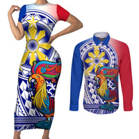 Personalised Philippines Couples Matching Short Sleeve Bodycon Dress and Long Sleeve Button Shirt Filipino Sarimanok With Polynesian Tattoo LT14 Blue - Polynesian Pride