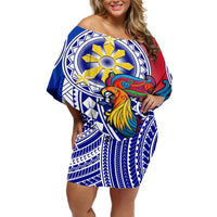 Personalised Philippines Off Shoulder Short Dress Filipino Sarimanok With Polynesian Tattoo LT14 Women Blue - Polynesian Pride