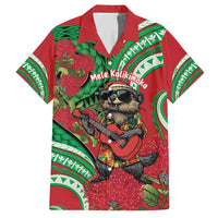 Mele Kalikimaka Hawaii Family Matching Short Sleeve Bodycon Dress and Hawaiian Shirt Mongoose Santa With Ohia Lehua