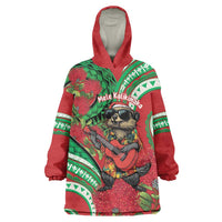 Mele Kalikimaka Hawaii Wearable Blanket Hoodie Mongoose Santa With Ohia Lehua LT14 One Size Red - Polynesian Pride