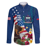 United States And Samoa Family Matching Off Shoulder Long Sleeve Dress and Hawaiian Shirt USA Flag Eagle Mix Samoan Coat Of Arms LT14 Dad's Shirt - Long Sleeve Blue - Polynesian Pride