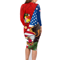 United States And Tonga Family Matching Long Sleeve Bodycon Dress and Hawaiian Shirt USA Flag Eagle Mix Tongan Coat Of Arms Ngatu Pattern LT14 - Polynesian Pride
