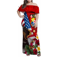 United States And Tonga Family Matching Off Shoulder Maxi Dress and Hawaiian Shirt USA Flag Eagle Mix Tongan Coat Of Arms Ngatu Pattern LT14 Mom's Dress Blue - Polynesian Pride