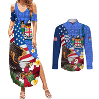United States And Fiji Couples Matching Summer Maxi Dress and Long Sleeve Button Shirt USA Flag Eagle Mix Fijian Coat Of Arms Tapa Pattern LT14 Blue - Polynesian Pride