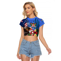 United States And Fiji Raglan Cropped T Shirt USA Flag Eagle Mix Fijian Coat Of Arms Tapa Pattern LT14 Female Blue - Polynesian Pride