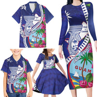 Biba Guam Liberation Day Family Matching Long Sleeve Bodycon Dress and Hawaiian Shirt Tano y Chamoru Latte Stone Blue