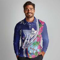 Biba Guam Liberation Day Long Sleeve Polo Shirt Tano y Chamoru Latte Stone Blue