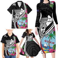 Biba Guam Liberation Day Family Matching Long Sleeve Bodycon Dress and Hawaiian Shirt Tano y Chamoru Latte Stone Black