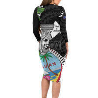 Biba Guam Liberation Day Family Matching Long Sleeve Bodycon Dress and Hawaiian Shirt Tano y Chamoru Latte Stone Black