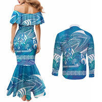 Kuri Dog Waka New Zealand Matariki Couples Matching Mermaid Dress and Long Sleeve Button Shirt Ocean Sharks Maori Tattoo