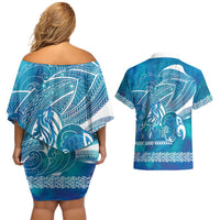Kuri Dog Waka New Zealand Matariki Couples Matching Off Shoulder Short Dress and Hawaiian Shirt Ocean Sharks Maori Tattoo