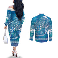 Kuri Dog Waka New Zealand Matariki Couples Matching Off The Shoulder Long Sleeve Dress and Long Sleeve Button Shirt Ocean Sharks Maori Tattoo
