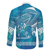 Kuri Dog Waka New Zealand Matariki Family Matching Off The Shoulder Long Sleeve Dress and Hawaiian Shirt Ocean Sharks Maori Tattoo