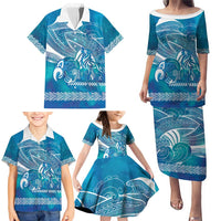 Kuri Dog Waka New Zealand Matariki Family Matching Puletasi and Hawaiian Shirt Ocean Sharks Maori Tattoo