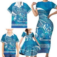 Kuri Dog Waka New Zealand Matariki Family Matching Short Sleeve Bodycon Dress and Hawaiian Shirt Ocean Sharks Maori Tattoo