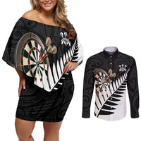 Personalised New Zealand Darts Couples Matching Off Shoulder Short Dress and Long Sleeve Button Shirt Silver Fern Aotearoa Maori Pattern - Polynesian Pride