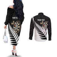 Personalised New Zealand Darts Couples Matching Off The Shoulder Long Sleeve Dress and Long Sleeve Button Shirt Silver Fern Aotearoa Maori Pattern - Polynesian Pride