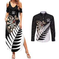 Personalised New Zealand Darts Couples Matching Summer Maxi Dress and Long Sleeve Button Shirt Silver Fern Aotearoa Maori Pattern - Polynesian Pride