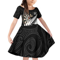 Personalised New Zealand Darts Family Matching Off Shoulder Short Dress and Hawaiian Shirt Silver Fern Aotearoa Maori Pattern - Polynesian Pride