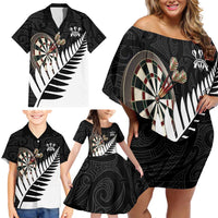 Personalised New Zealand Darts Family Matching Off Shoulder Short Dress and Hawaiian Shirt Silver Fern Aotearoa Maori Pattern - Polynesian Pride