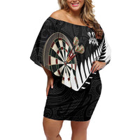 Personalised New Zealand Darts Family Matching Off Shoulder Short Dress and Hawaiian Shirt Silver Fern Aotearoa Maori Pattern - Polynesian Pride