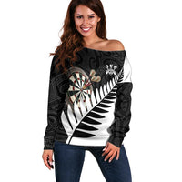 Personalised New Zealand Darts Off Shoulder Sweater Silver Fern Aotearoa Maori Pattern - Polynesian Pride