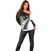 Personalised New Zealand Darts Off Shoulder Sweater Silver Fern Aotearoa Maori Pattern - Polynesian Pride