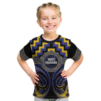 Aotearoa Ngati Raukawa Personalised Kid T Shirt Maori Iwi Poutama Puhoro Tattoo LT14 Blue - Polynesian Pride
