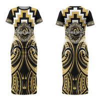 Aotearoa Ngati Tama Personalised Couples Matching Short Sleeve Bodycon Dress and Hawaiian Shirt Maori Iwi Poutama Puhoro Tattoo LT14 - Polynesian Pride