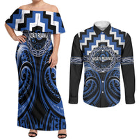Aotearoa Ngati Ruanui Personalised Couples Matching Off Shoulder Maxi Dress and Long Sleeve Button Shirt Maori Iwi Poutama Puhoro Tattoo LT14 Blue - Polynesian Pride