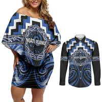 Aotearoa Ngati Ruanui Personalised Couples Matching Off Shoulder Short Dress and Long Sleeve Button Shirt Maori Iwi Poutama Puhoro Tattoo LT14 Blue - Polynesian Pride