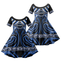 Aotearoa Ngati Ruanui Personalised Family Matching Tank Maxi Dress and Hawaiian Shirt Maori Iwi Poutama Puhoro Tattoo LT14 Daughter's Dress Blue - Polynesian Pride