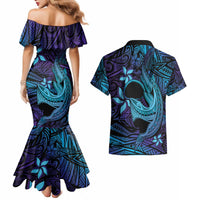 Nukuoro Atoll Couples Matching Mermaid Dress and Hawaiian Shirt Polynesian Shark Tattoo Purple Gradient Vibes