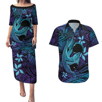 Nukuoro Atoll Couples Matching Puletasi and Hawaiian Shirt Polynesian Shark Tattoo Purple Gradient Vibes LT14 Purple - Polynesian Pride