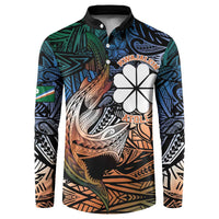 Personalised Kwajalein Atoll Button Sweatshirt Polynesian Shark Tattoo Gradient Vibes LT14 Black - Polynesian Pride