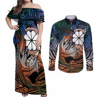 Personalised Kwajalein Atoll Couples Matching Off Shoulder Maxi Dress and Long Sleeve Button Shirt Polynesian Shark Tattoo Gradient Vibes LT14 Black - Polynesian Pride