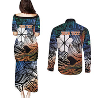 Personalised Kwajalein Atoll Couples Matching Puletasi and Long Sleeve Button Shirt Polynesian Shark Tattoo Gradient Vibes LT14 - Polynesian Pride