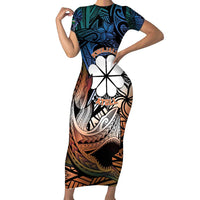 Personalised Kwajalein Atoll Family Matching Short Sleeve Bodycon Dress and Hawaiian Shirt Polynesian Shark Tattoo Gradient Vibes