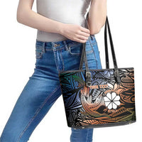 Personalised Kwajalein Atoll Leather Tote Bag Polynesian Shark Tattoo Gradient Vibes LT14 - Polynesian Pride