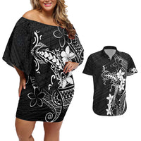 Black Hawaii Couples Matching Off Shoulder Short Dress and Hawaiian Shirt Hammerhead Shark Tattoo Curve Polynesian - Polynesian Pride