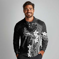 Black Hawaii Long Sleeve Polo Shirt Hammerhead Shark Tattoo Curve Polynesian LT14 - Polynesian Pride