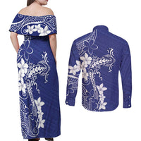 Blue Hawaii Couples Matching Off Shoulder Maxi Dress and Long Sleeve Button Shirt Hammerhead Shark Tattoo Curve Polynesian - Polynesian Pride
