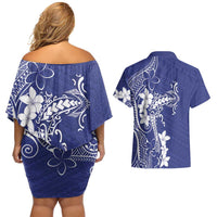 Blue Hawaii Couples Matching Off Shoulder Short Dress and Hawaiian Shirt Hammerhead Shark Tattoo Curve Polynesian - Polynesian Pride