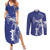 Blue Hawaii Couples Matching Summer Maxi Dress and Long Sleeve Button Shirt Hammerhead Shark Tattoo Curve Polynesian LT14 Blue - Polynesian Pride