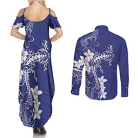 Blue Hawaii Couples Matching Summer Maxi Dress and Long Sleeve Button Shirt Hammerhead Shark Tattoo Curve Polynesian LT14 - Polynesian Pride