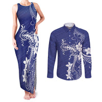 Blue Hawaii Couples Matching Tank Maxi Dress and Long Sleeve Button Shirt Hammerhead Shark Tattoo Curve Polynesian LT14 Blue - Polynesian Pride
