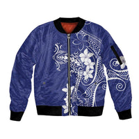 Blue Hawaii Sleeve Zip Bomber Jacket Hammerhead Shark Tattoo Curve Polynesian - Polynesian Pride