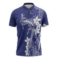 Blue Hawaii Zipper Polo Shirt Hammerhead Shark Tattoo Curve Polynesian LT14 Blue - Polynesian Pride