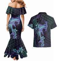 Purple Paradise Hawaii Couples Matching Mermaid Dress and Hawaiian Shirt Hammerhead Shark Tattoo Curve Polynesian - Polynesian Pride